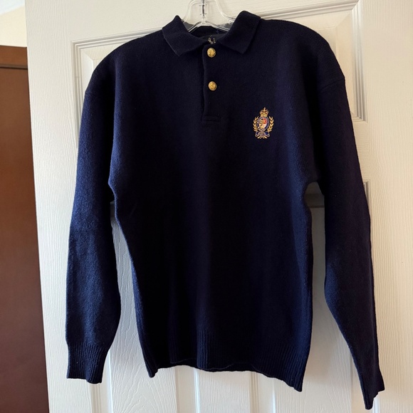 VTG Polo Ralph Lauren Blue Collared Crest Two Button Lambswool Sweater Men’s M - Picture 3 of 11